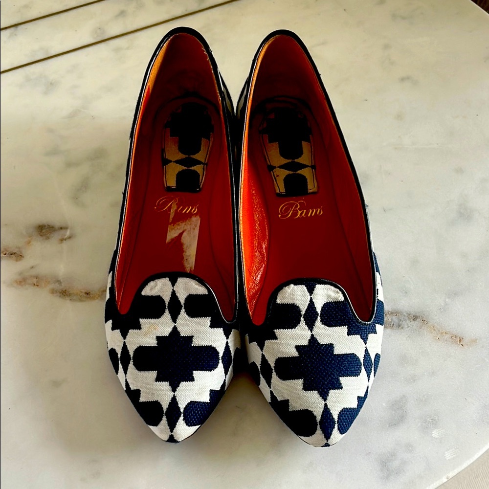 Bams New Designer Navy White print RL Women's Loafers Ballet slippers Flats 5.5